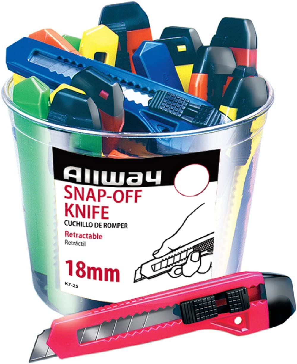 ALLWAY K7-25 Retractable 18mm Snap-Off Knife, Neon, 25 Pack