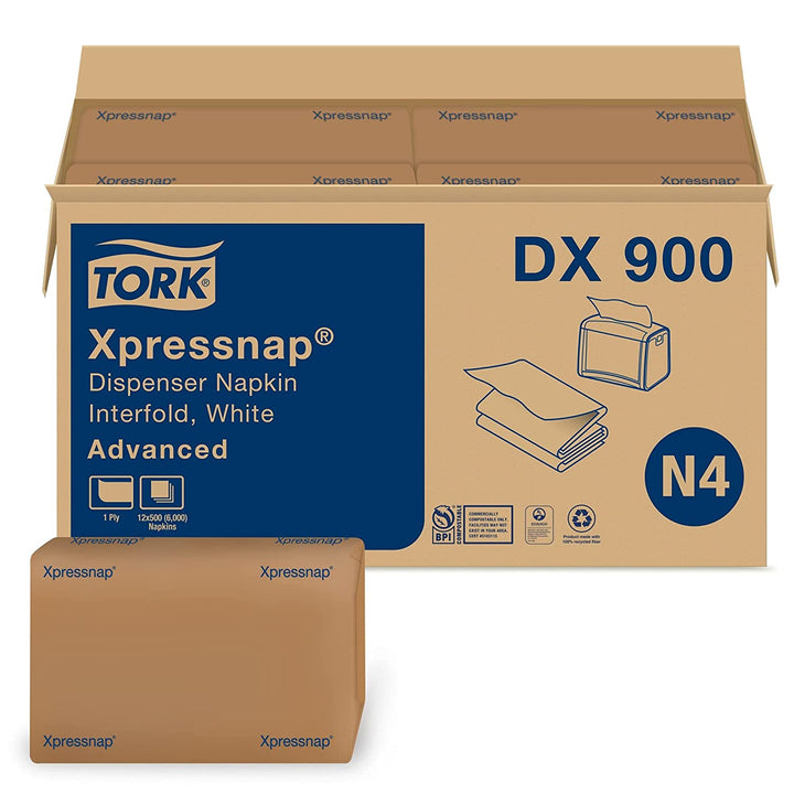 Tork Xpressnap DX900 White Dispenser Napkin N4, Advanced, Interfold 1-ply, 13" x 8.5", 12 Packs of 500 napkins