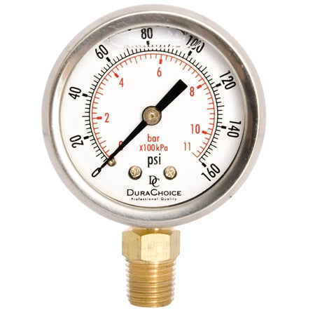 2" Oil Filled Pressure Gauge - Stainless Steel Case, Brass, 1/4" NPT, Lower Mount Connection, 0-160PSI
