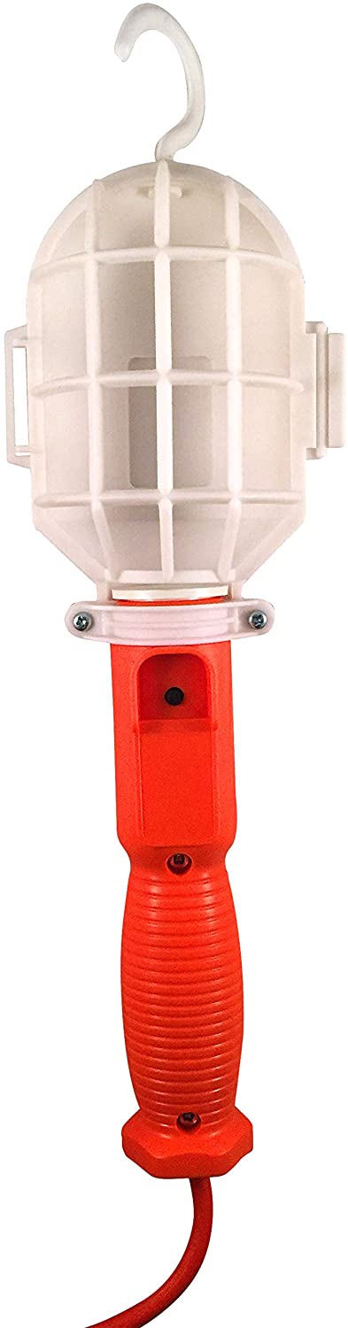 Three Conductor Trouble Lights, SJT Round Orange Wire Grounded Plug & Plastic Guard, On/Off Switch, Outlet on Handle, UL. 25ft Cord