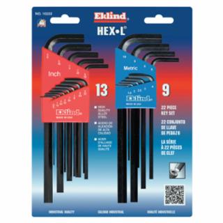 Hex-L® Key Set, 22 per card, Hex Tip, Inch/Metric, Long Arm
