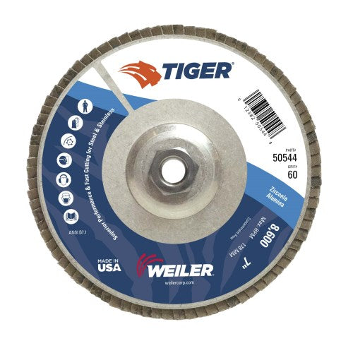 7" TIGER DISC ABRASIVE FLAP DISC, CONICAL (TY29), ALUMINUM BACKING, 60Z, 5/8"-11 UNC NUT
