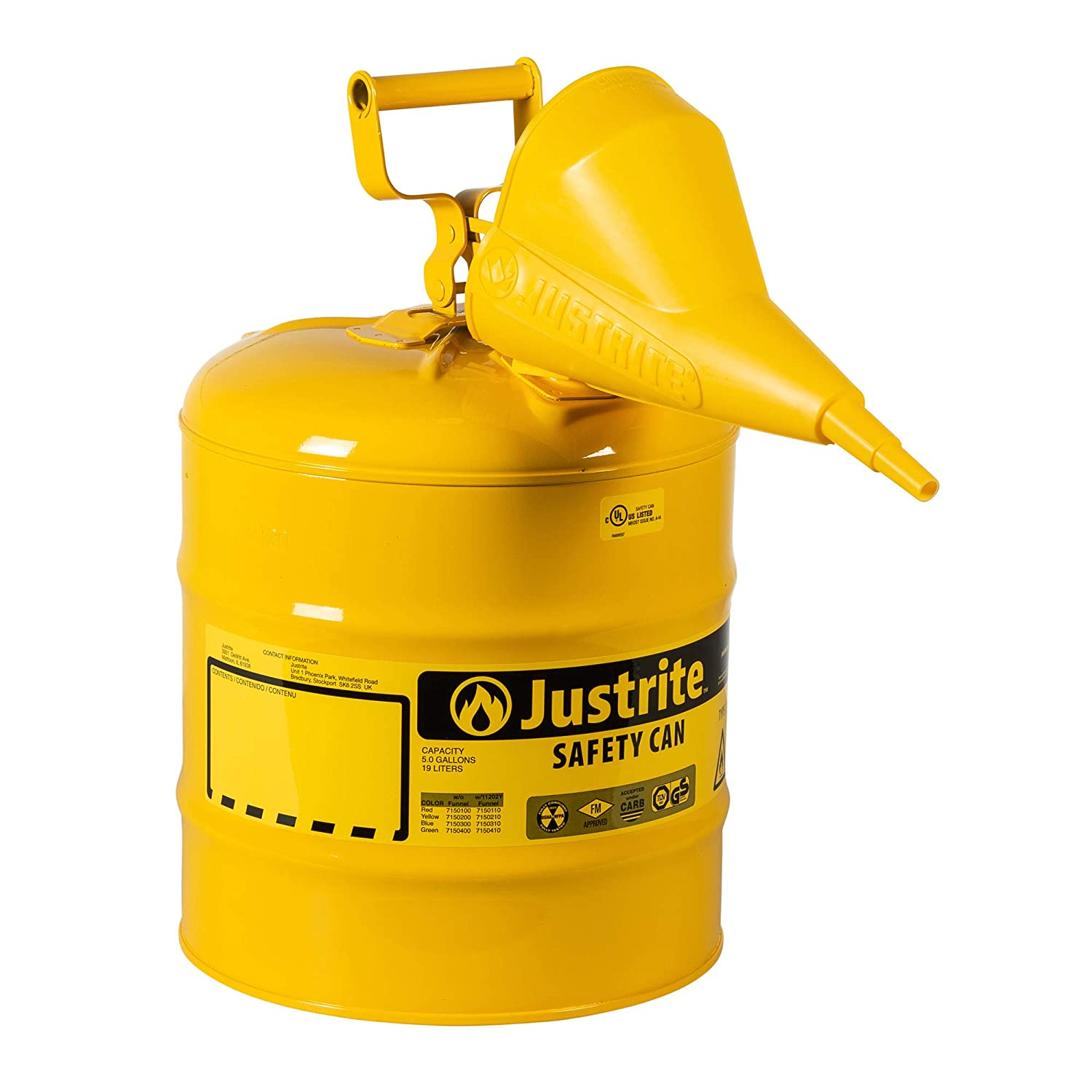 JUSTRITE 5 Gal YELLOW T1 Safety Can w/funnel