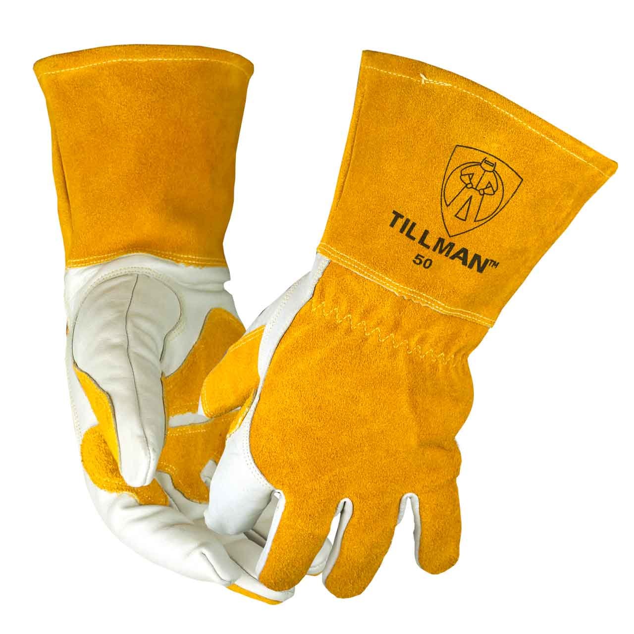 Tillman Small MIG Welders Glove Medium 14" Pearl Top Grain Side Split Cowhide Fleece Lined Premium Grade With Gauntlet Cuff, Seamless Index Finger And Elastic Back