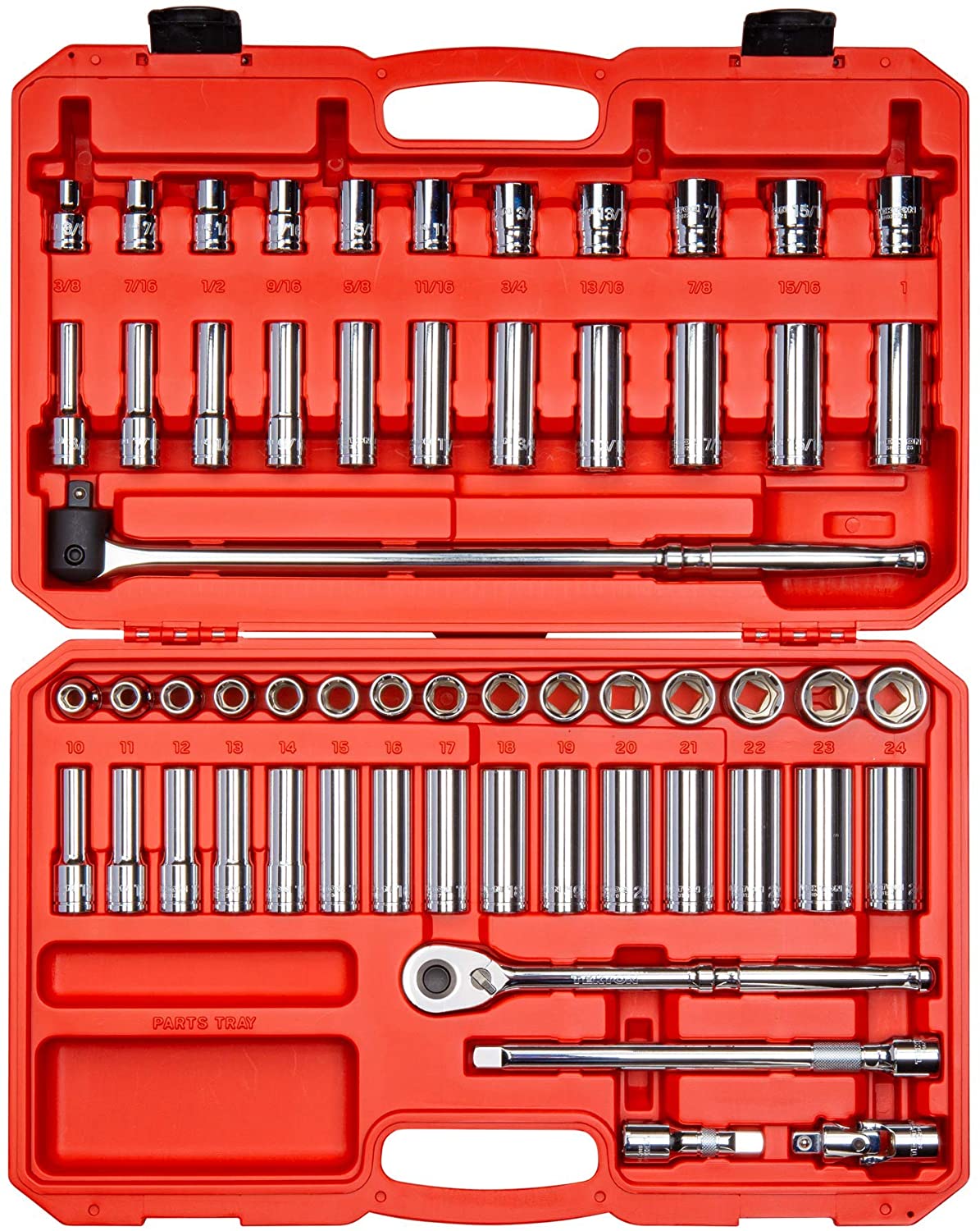 TEKTON 1/2-Inch Drive 6-Point Socket & Ratchet Set, Inch / Metric, 3/8-Inch - 1-Inch, 10 mm - 24 mm, 58-Piece (Case) | SKT25301 (Renewed)