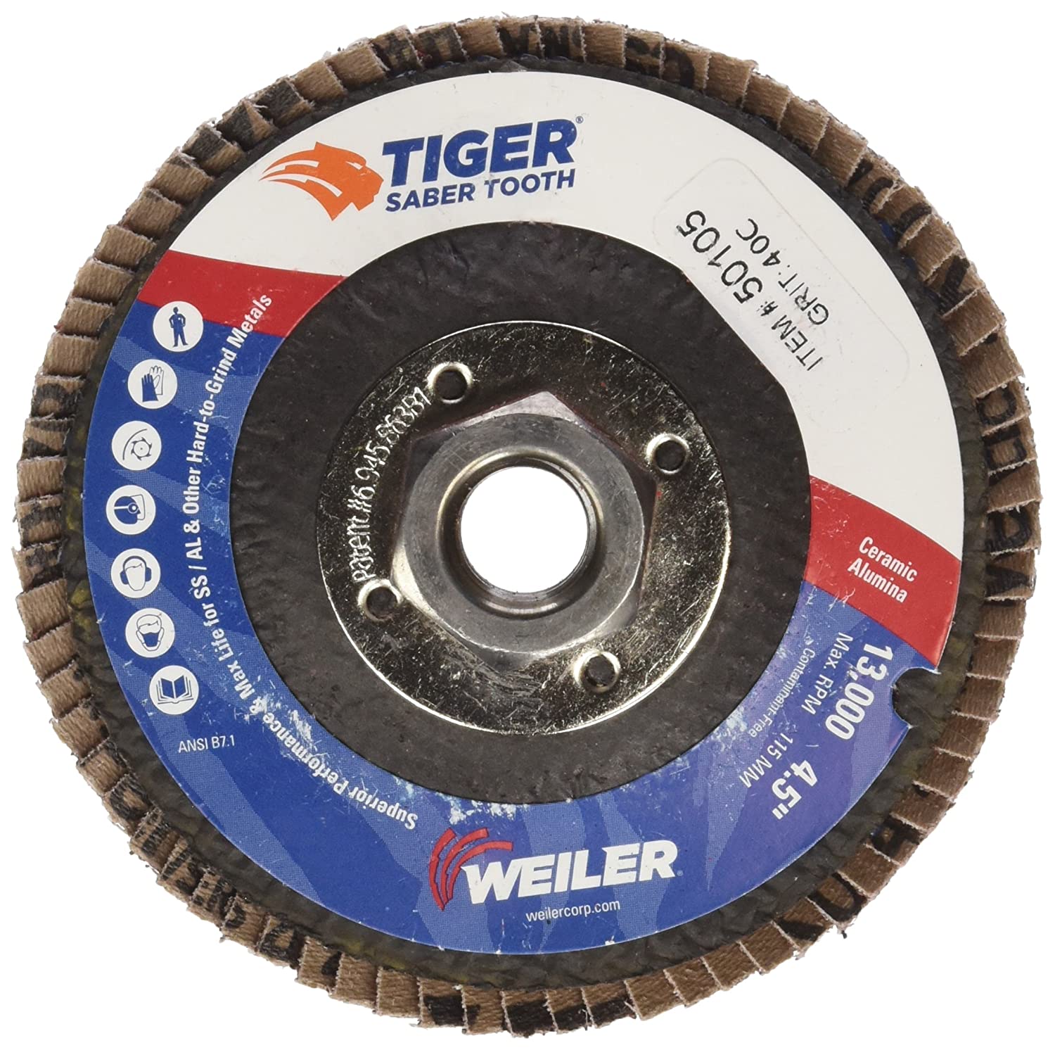 4-1/2" Tiger Ceramic Abrasive Flap Disc, Conical (TY29), Phenolic Back, 40C, 5/8"-11 UNC Nut