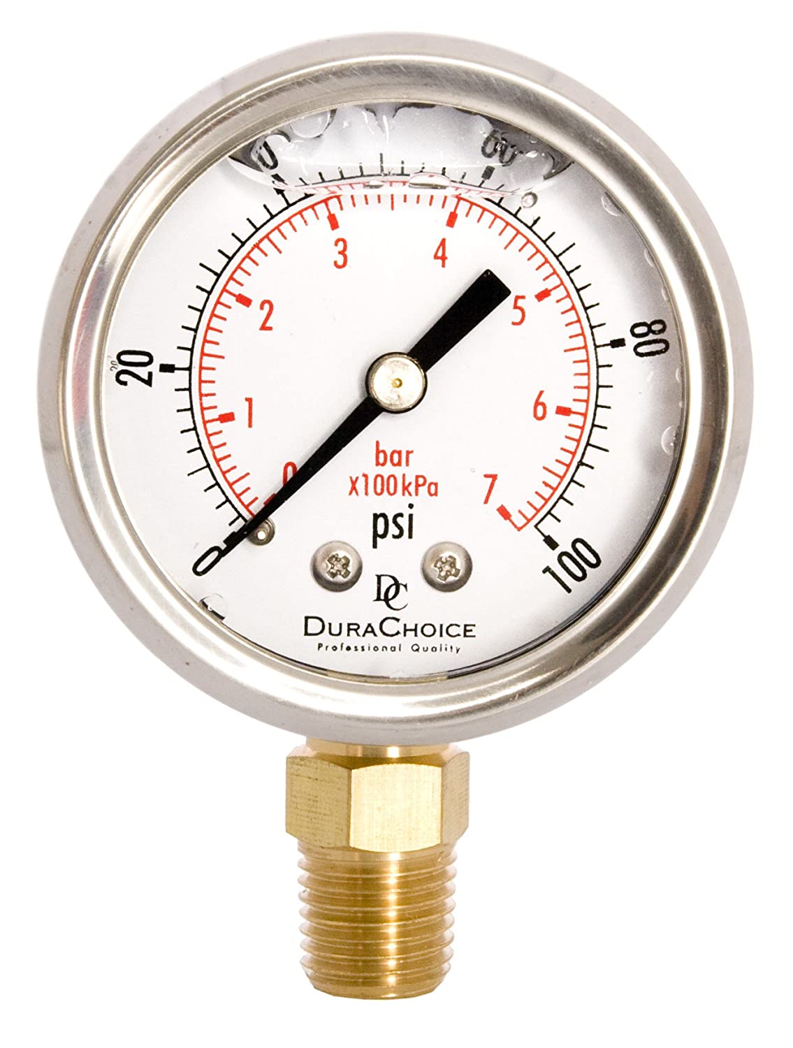 2" Oil Filled Pressure Gauge - Stainless Steel Case, Brass, 1/4" NPT, Lower Mount Connection, 0-100PSI