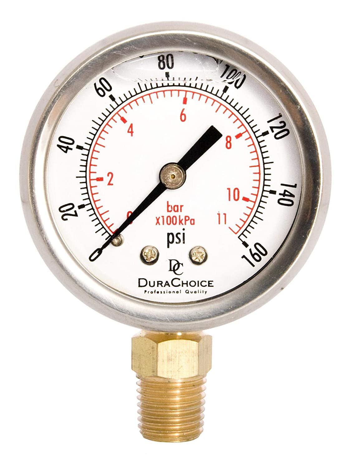 2" Oil Filled Pressure Gauge - Stainless Steel Case, Brass, 1/4" NPT, Lower Mount Connection, 0-160PSI