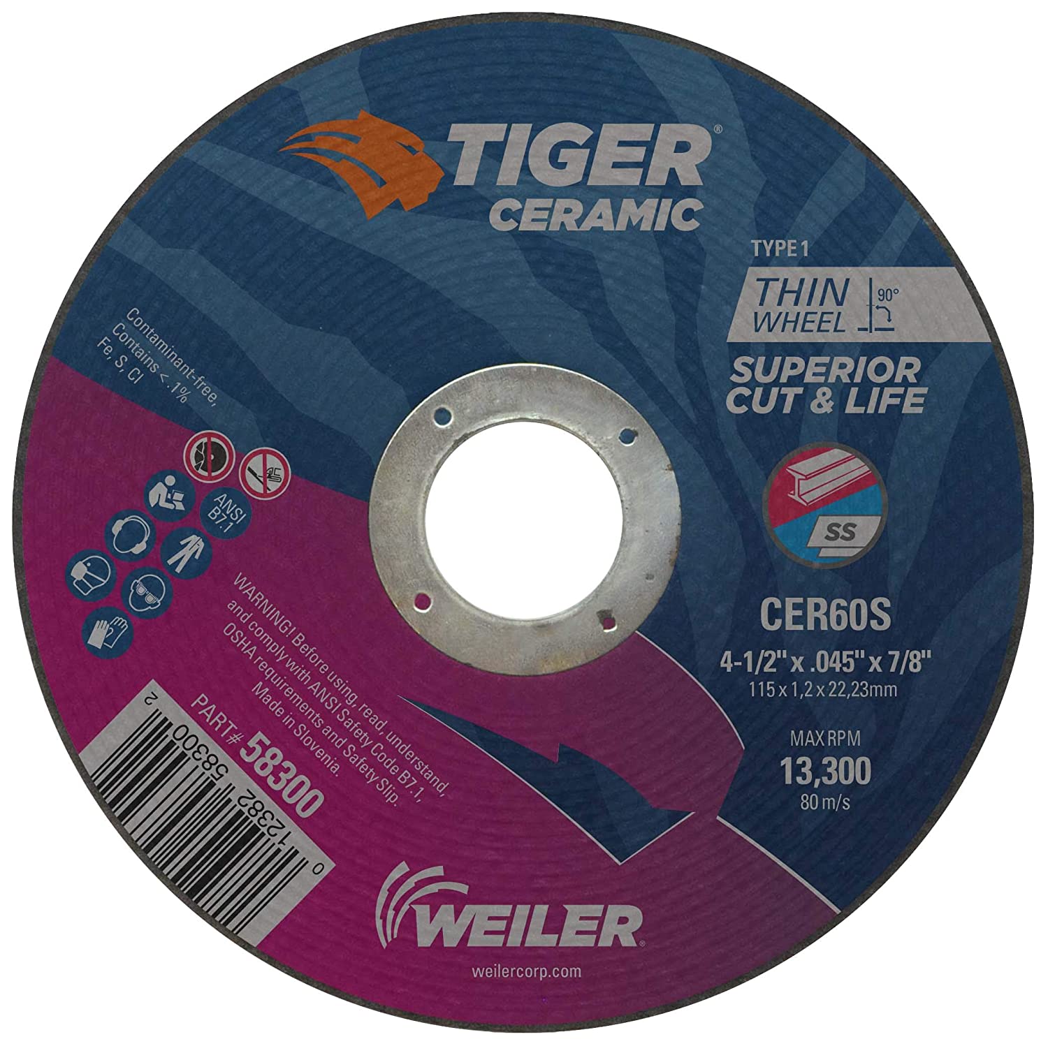 4-1/2" x .045" Weiler TIGER CERAMIC Type 1 Cut-Off Wheel CER60S 7/8 A.H.
